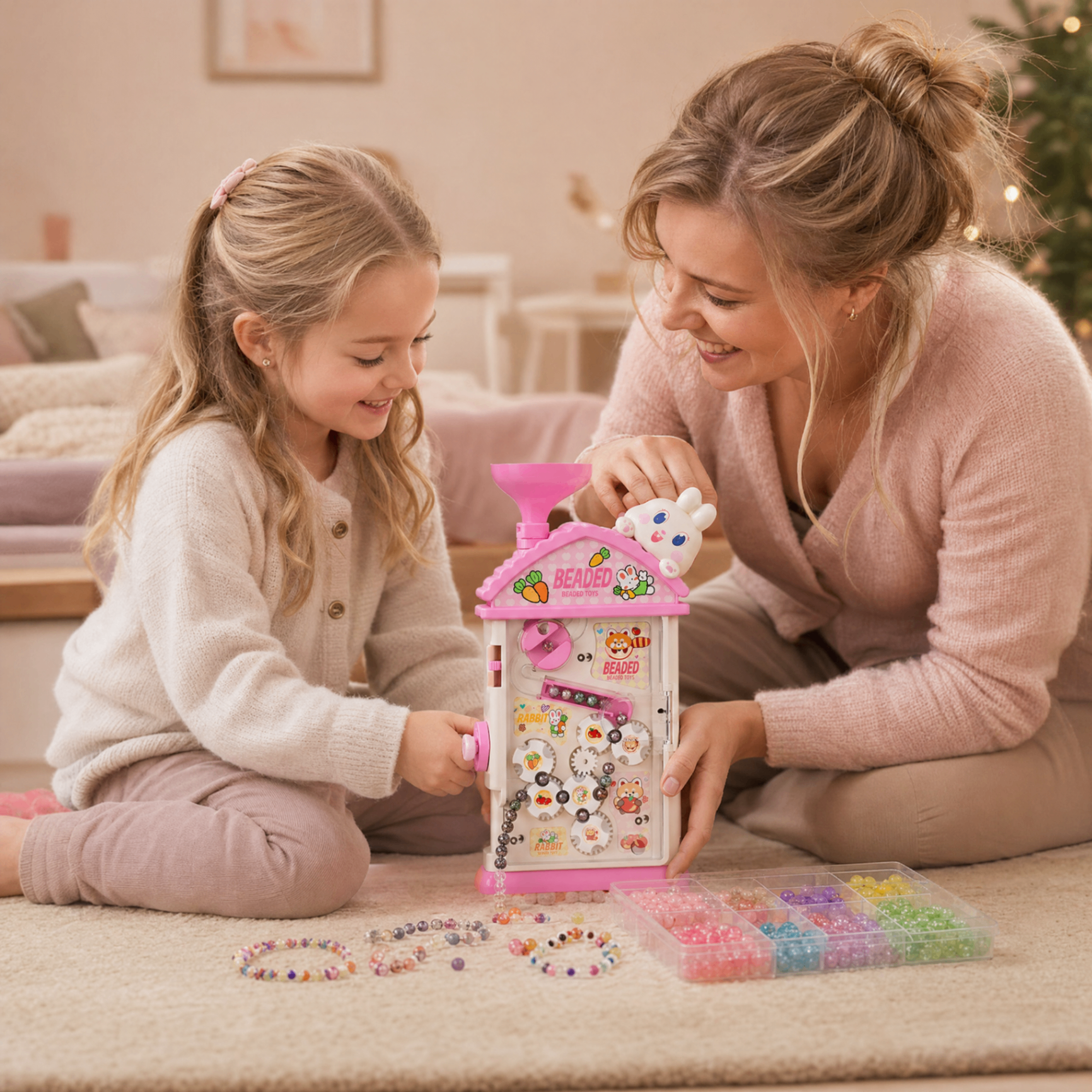 Mor og datter leker med Perleglad perlehus — DIY perlemaskin for barn 4-10 år